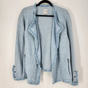 Nic Zoe Women's Jacket Blazer Sz 1X Mix Knit Zip Pocket Blue Tweed Fringe - Picture 1 of 13