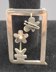 Vintage A&J Harvey Mex 925 Sterling Brosche Blumentopf im Fenster baumeln Schmetterling - Bild 1 von 7