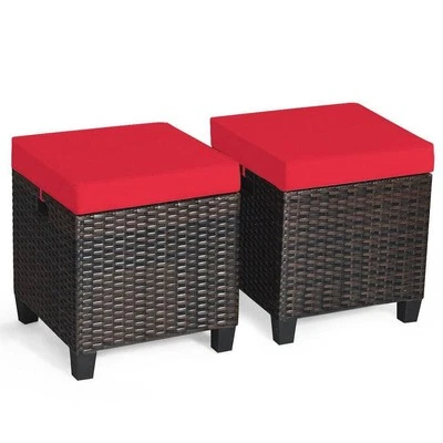 Patio Wicker Rattan Outdoor Ottoman with Removable Red Cushions (2-Pack) - Image 1 of 4