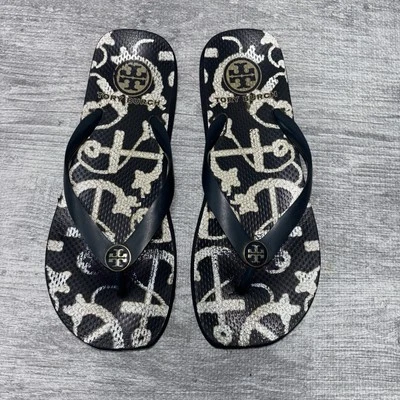 Sandalia para mujer Tory Burch talla 10 negra blanca con estampado de ancla chanclas Foto 1 de 4