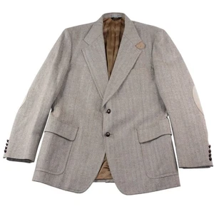 Sports Coat Mens 46 L Wool Blend Elbow Patches Herringbone Lt Brown Single Vent - Picture 1 of 17