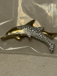 Swarovski Kristall Delphin Brosche / Anstecknadel signiert Schwan goldfarben - Bild 1 von 4