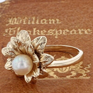 Vintage 10K Yellow Gold & Pearl Flower Ring Engel Brothers Marked EB - Picture 1 of 4