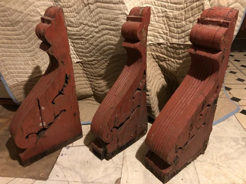 Set of (3) antique large red wooden corbels / circa 1900 / 24" x 11" x 5" Cover