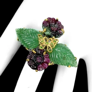 925 Anello Argento Sterling Rubino Fiore Intaglio Gemma Gioielli Artigianale 8.5 - Foto 1 di 9