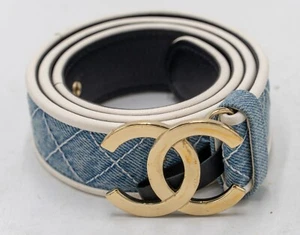 Chanel 20P Blue Denim Ivory Leather Gold CC Logo Belt 80/32 - Picture 1 of 7