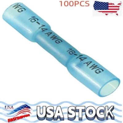 Blue Heat Shrink Butt Wire Connectors Crimp Terminals 14-16 Gauge AWG (100PCS) - Image 1 of 4