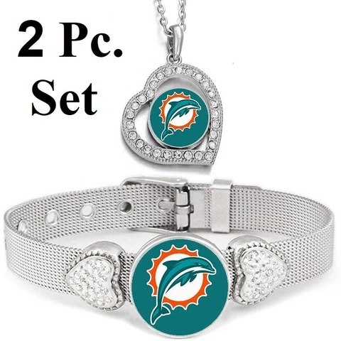 2PcSet Miami Dolphins Womens Sterling Silver Necklace With Bracelet Cover