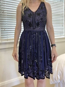 Alannah Hill - 20s Style, Navy Blue Silk Sequin Evening Dress & Slip Size XS - Picture 1 of 18