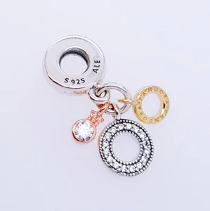 NEW 100% PANDORA Silver Gold Triple Monogram Logo Dangle Charm Pendant 799044C01 - Picture 1 of 9