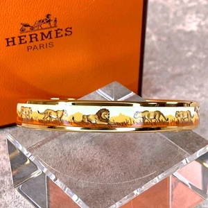Vintage Hermes Paris Enamel Bangle Bracelet Lion Safari Gold Rim Size 65 w/Case - Picture 1 of 14