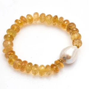 Faceted Lemon Citrine Baroque Pearl Stretchable Beaded Unisex Silver Bracelet  - Picture 1 of 4