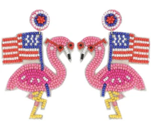 PATRIOTISCHE USA FLAMINGO ATEMBERAUBENDE HEISSE ROSA ROSA SAMENPERLEN FILZ OHRHÄNGER - Bild 1 von 1