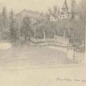 Thérèse Guilland Rüschlikon Suiza vista antigua sin firmar lápiz dibujo 1904 - Imagen 1 de 3