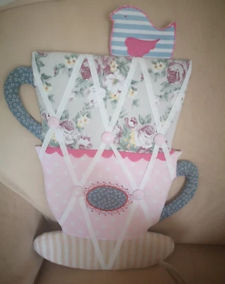 Pink  Floral Teacups Padded Fabric Notice Pin Memo Board- display photos notes - Image 1 of 4