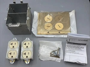 Leviton 021-35349-TFB Brass 2-Gang Floor Box Assembly w/ 20A Duplex Recepts&Caps - Picture 1 of 2