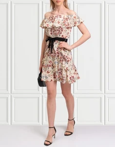 RRP€455 MAJE Silk Mini Dress Size 2 US6 M Floral Design Waist Tie Off Shoulder - Picture 1 of 8