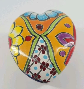 Hand Painted Mexican Art Pottery Heart Shaped Trinket Box 5"  Redware Talavera - Picture 1 of 5