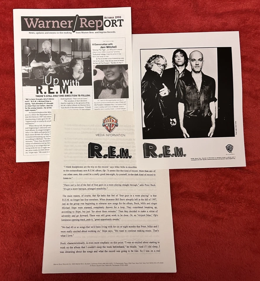 R.E.M. original press release + 8x10 photo + Oct. 1998 WARNER REPORT issue "Up" - Image 1 of 1