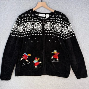 Alfred Dunner Womens Cardigan Black L Sweater Knit Ice Skaters Zip Grandmacore - Picture 1 of 11