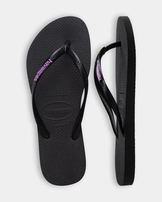 HAVAIANAS Genuine NEW Ladies Slim THONGS FLIP FLOPS SANDALS BLACK PURPLE Logo - image 1 of 4