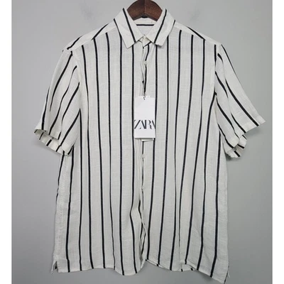 NWT Zara Shirt Mens S Linen Blend Short Sleeve Button Up White Black Stripe - Image 1 of 4