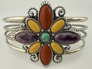 CAROLYN POLLACK RELIOS 925 MULTISTONE CROSS ADJUSTABLE CROSS CUFF BRACELET K216B - Picture 1 of 6