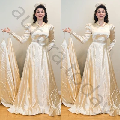 Vintage Satin Wedding Dresses Long Sleeve Sweep Train Ruching A Line Bridal Gown - Image 1 of 4