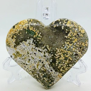 Corazón de cristal de jaspe marino natural Oj jaspe corazón tallado con orbes y soporte - Imagen 1 de 10