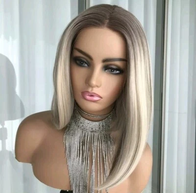 Platinum Blonde Wig Human Hair Blens Short Straight Bob  Layers Natural Lace - Image 1 of 4
