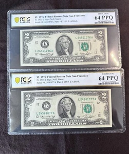 PAIR $2 1976 FEDERAL RESERVE NOTES PCGS 64PPQ 1935-L CONSECUTIVE S/N's - Picture 1 of 4