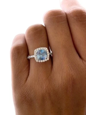 Anillo de boda Art Deco plateado chapado en oro blanco aguamarina azul corte cojín Foto 1 de 3