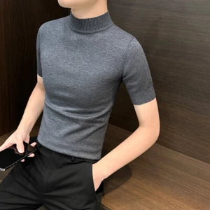 Half Turtle Neck Men Base Shirt Spring New Short-sleeved Sweater Knitted T-shirt - Picture 1 of 31