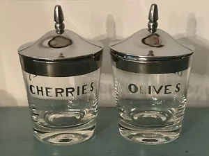 Vintage MCM Glass Cherry Olive Jar Set Cocktail Bar Silver Lid Dorothy Thorpe? - Picture 1 of 6
