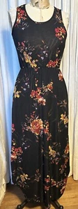 Lildy Womens Blk Floral Jersey Sleeveless Maxi Dress/elastic Waist Sz S-M Used - Picture 1 of 8