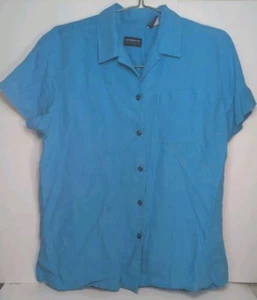 Liz Claiborne Lizsport L Blue 100% Linen Button Up Shirt Short Sleeve Pocket - Picture 1 of 16