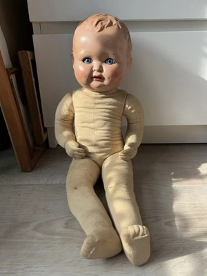 Poupon ancien vintage corps chiffon membre articulé yeux riboulants Poupée 48cm - Photo 1/4