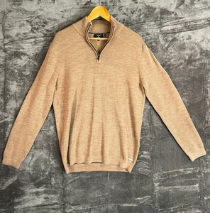 Superdry Studios Merino Wool 1/4 Zip Sweater Mens L Beige Knit Jumper - Picture 1 of 15