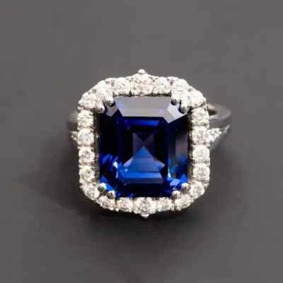 4.50 Ct Emerald Cut Natural Sapphire & Diamond Wedding Ring 14K White Gold Solid - Image 1 of 4