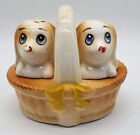 Vintage Porcelain Brown White Puppy Dogs in a Basket Salt & Pepper Shakers RARE