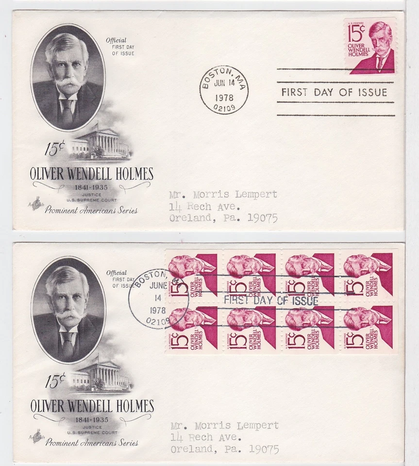 TurtlesTradingPost- Oliver Holmes 1978 #1288d #1305e FDC- Bklt, Coil- Artcraft - Image 1 of 1