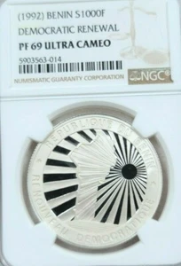 1992 BENIN SILVER 1000 FRANCS DEMOCRATIC RENEWAL NGC PF 69 ULTRA CAMEO TOP POP 1 - Picture 1 of 4