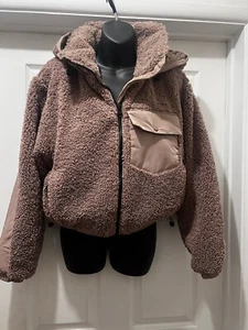 Zara Women's Beige/Brown Sherpa Teddy Shearling Hooded Cropped Jacket Coat Sz S - Picture 1 of 7