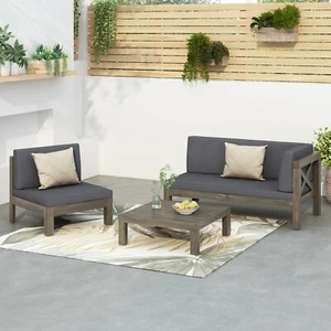 Elowen Outdoor Acacia Wood & Water Repellent Fabric  Right Arm Converstaion Set - Picture 1 of 11