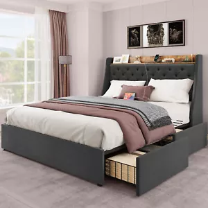 Queen Size Bed Frame Upholstered Platform w/Wingback Storage Headboard&4 Drawers - Picture 1 of 13