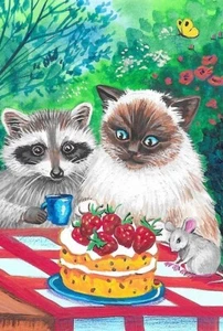 4X6 POSTAL DE PASCUA RYTA MAPACHE MUÑECA DE TRAPO GATO PAISAJE ARTE FRESA PRIMAVERA  - Imagen 1 de 1