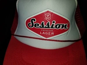 Session Premium Lager white/red mesh back snap-back adjustable trucker hat - Picture 1 of 7