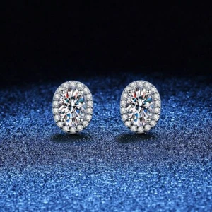 2.5CT Moissanite Oval Halo Stud Earrings 14k White Gold Plated in Silver - Picture 1 of 4