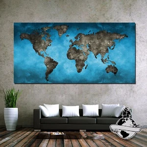 Banner Huge large Size canvas Watercolor Blue Decor Wall Home World Map Poster - Picture 1 of 11