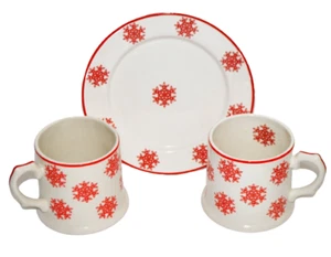 Rot-weiße Schneeflocken Dessert Plätzchen Teller und 2 passende Becher - Bild 1 von 9